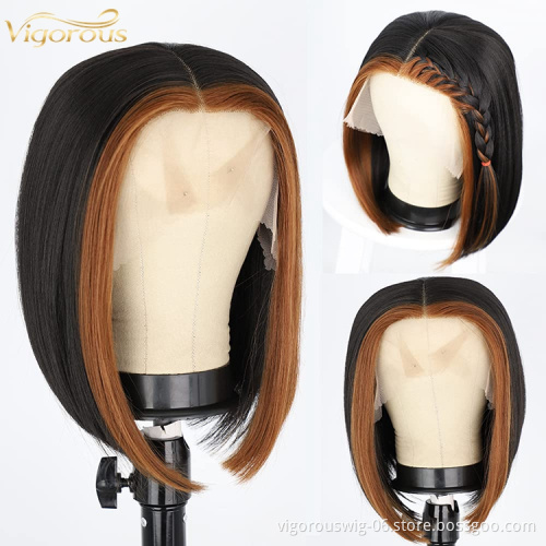Synthetic Middle Part Wig Highlights Bob Wigs Short Straight T Lace Front Wigs for Women 150% Density Hair Heat Resistant